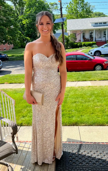 Niulatu Sweetheart Neck Sheath Long Prom Dresses Sequin Champagne Evening Dresses with Slit HZ1026